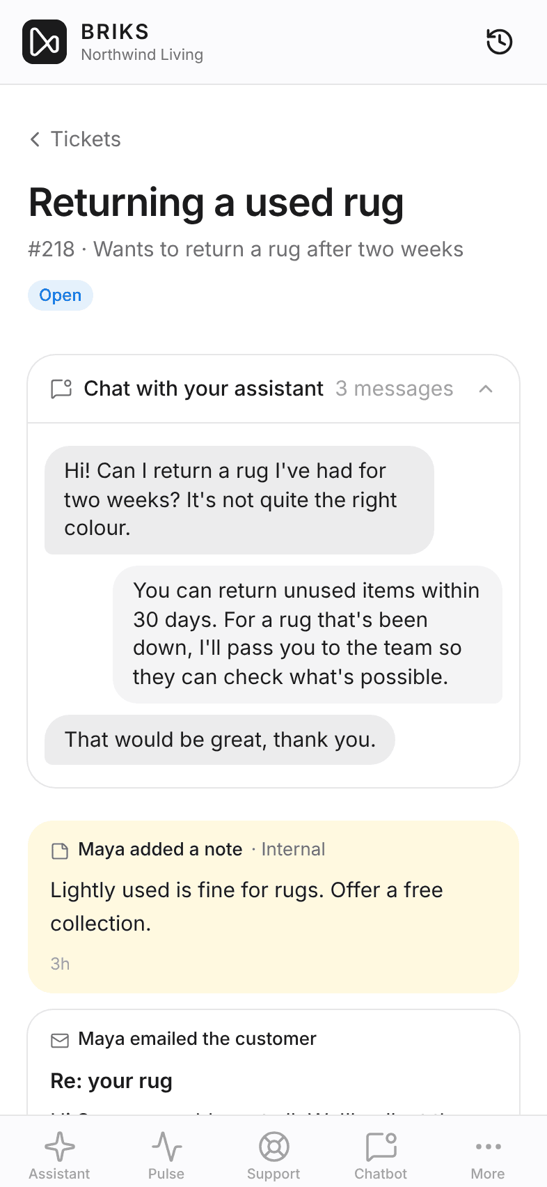 A support ticket with the website chat attached