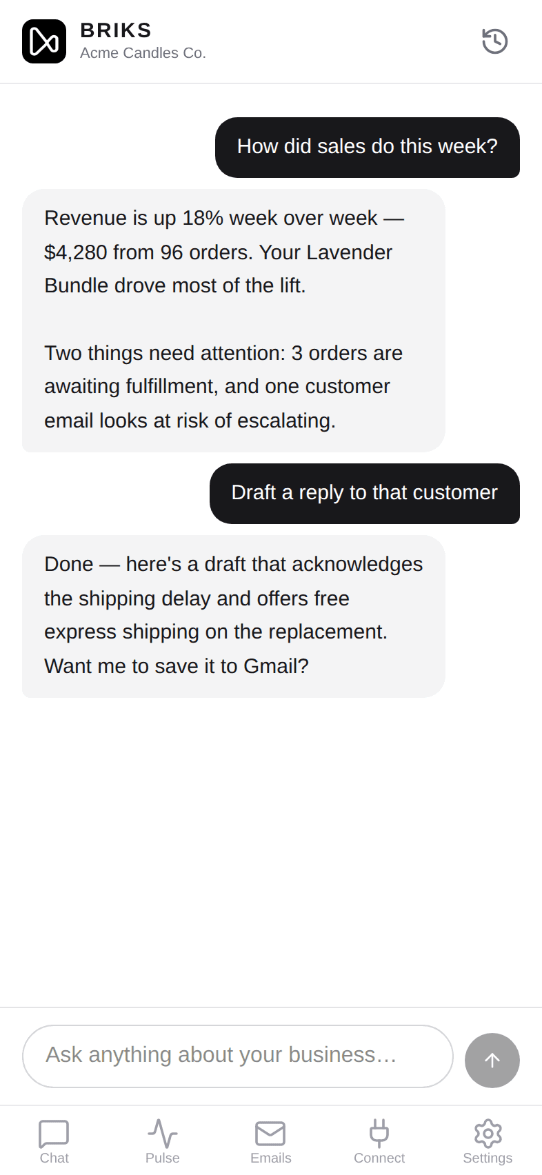Briks AI chat answering a sales question