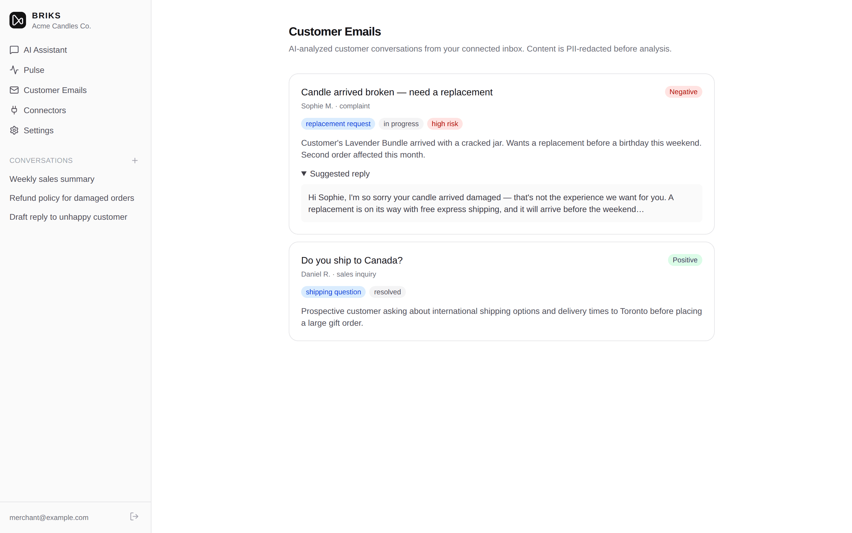 AI-analyzed customer emails with suggested replies