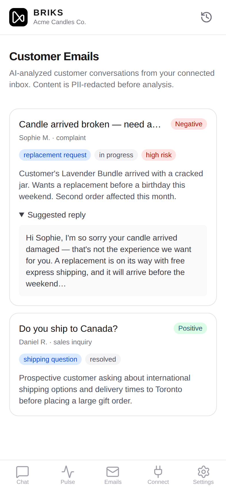 AI-analyzed customer emails on iPhone